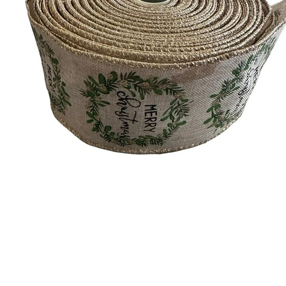 2.5” Natural Merry Christmas Wired Ribbon with Green & Gold Holiday Leaf Wreath - Picture 4 of 4